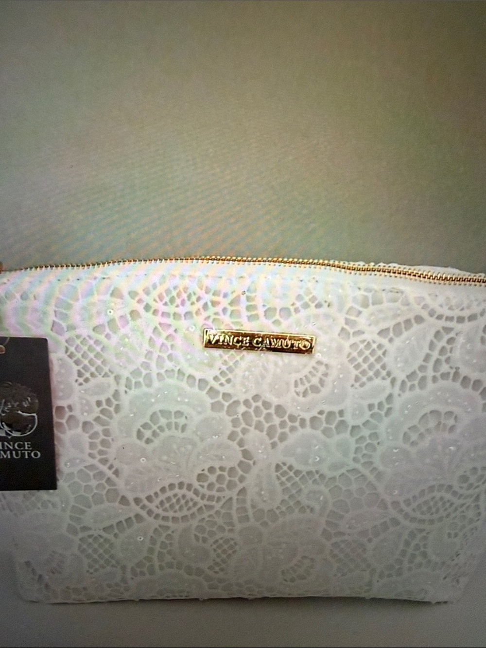 Vince Camuto White Lace Cosmetic Pouch with Gold Hardware. 🆕